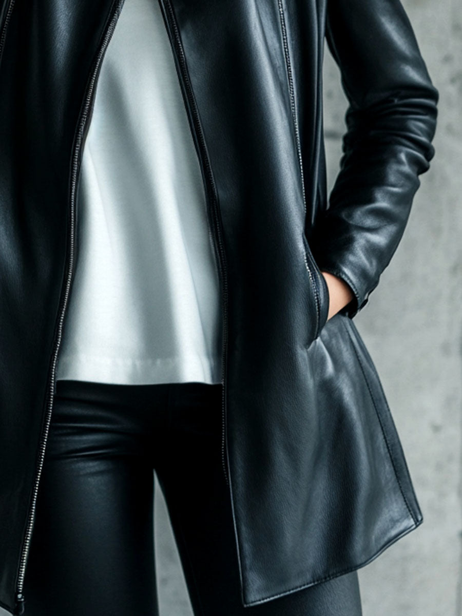 Korinne Leather Collared Zip-Up Jacket - Black
