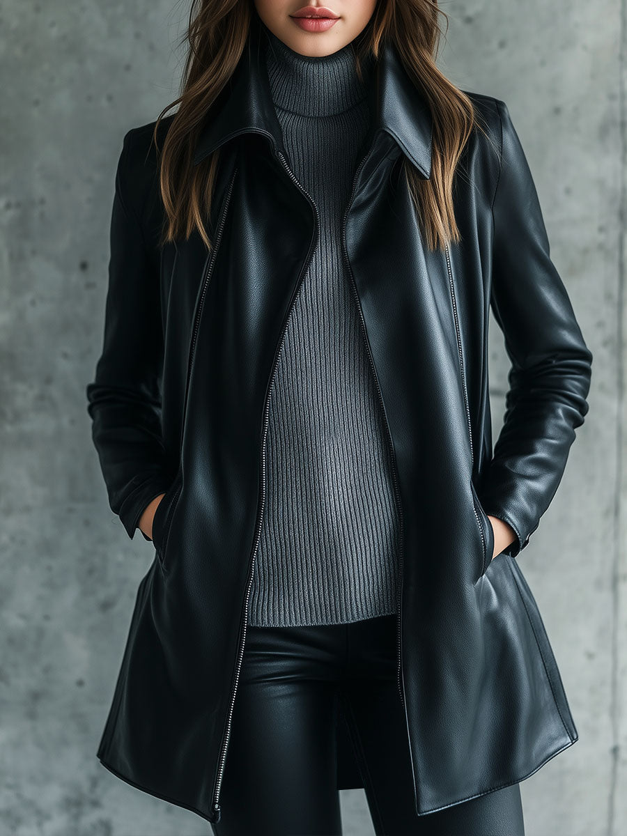 Korinne Leather Collared Zip-Up Jacket - Black