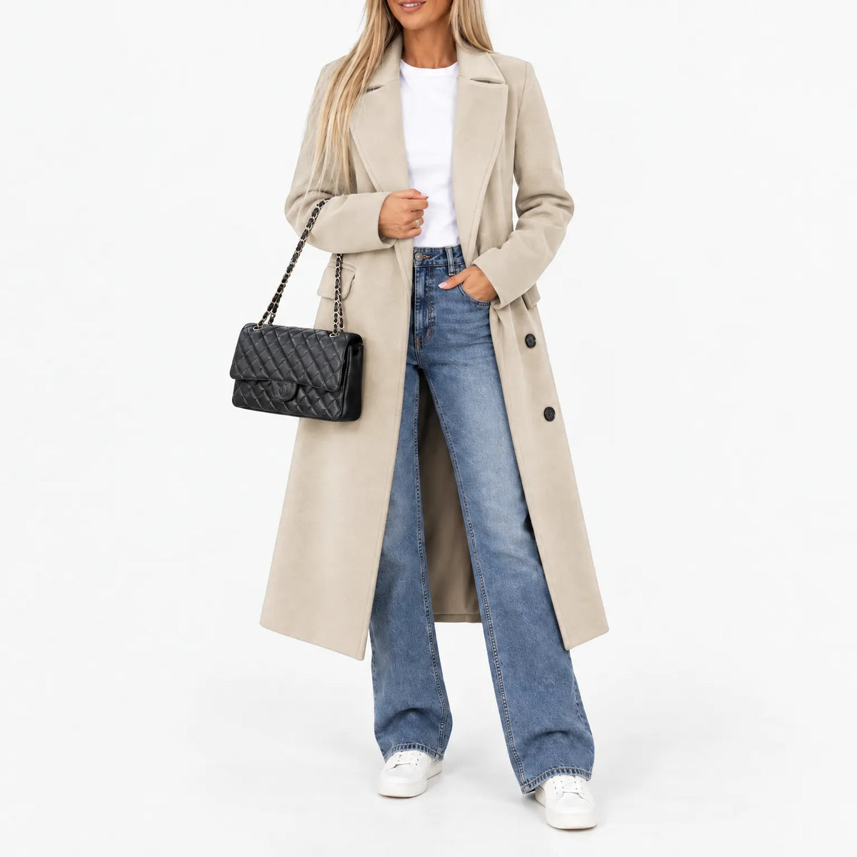 Laiken Longline Notch Lapel Coat - Beige
