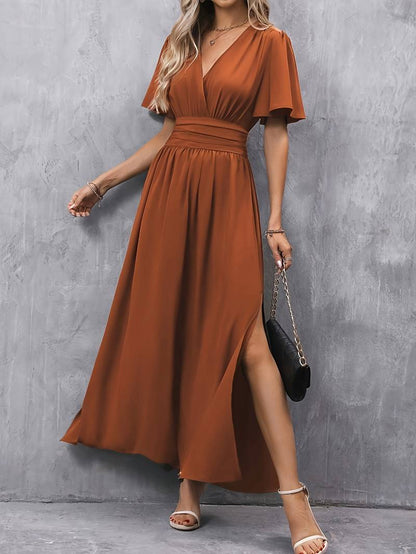 Lalita Flutter Sleeve Side Slit Maxi Dress - Rust
