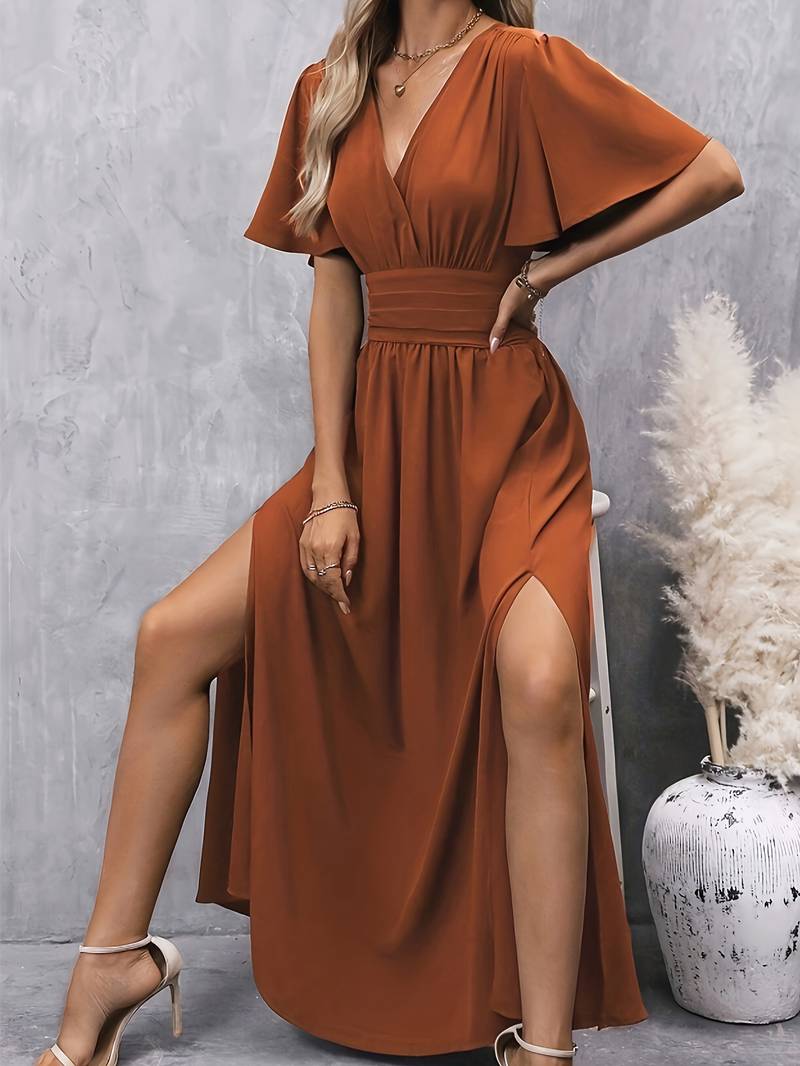 Lalita Flutter Sleeve Side Slit Maxi Dress - Rust