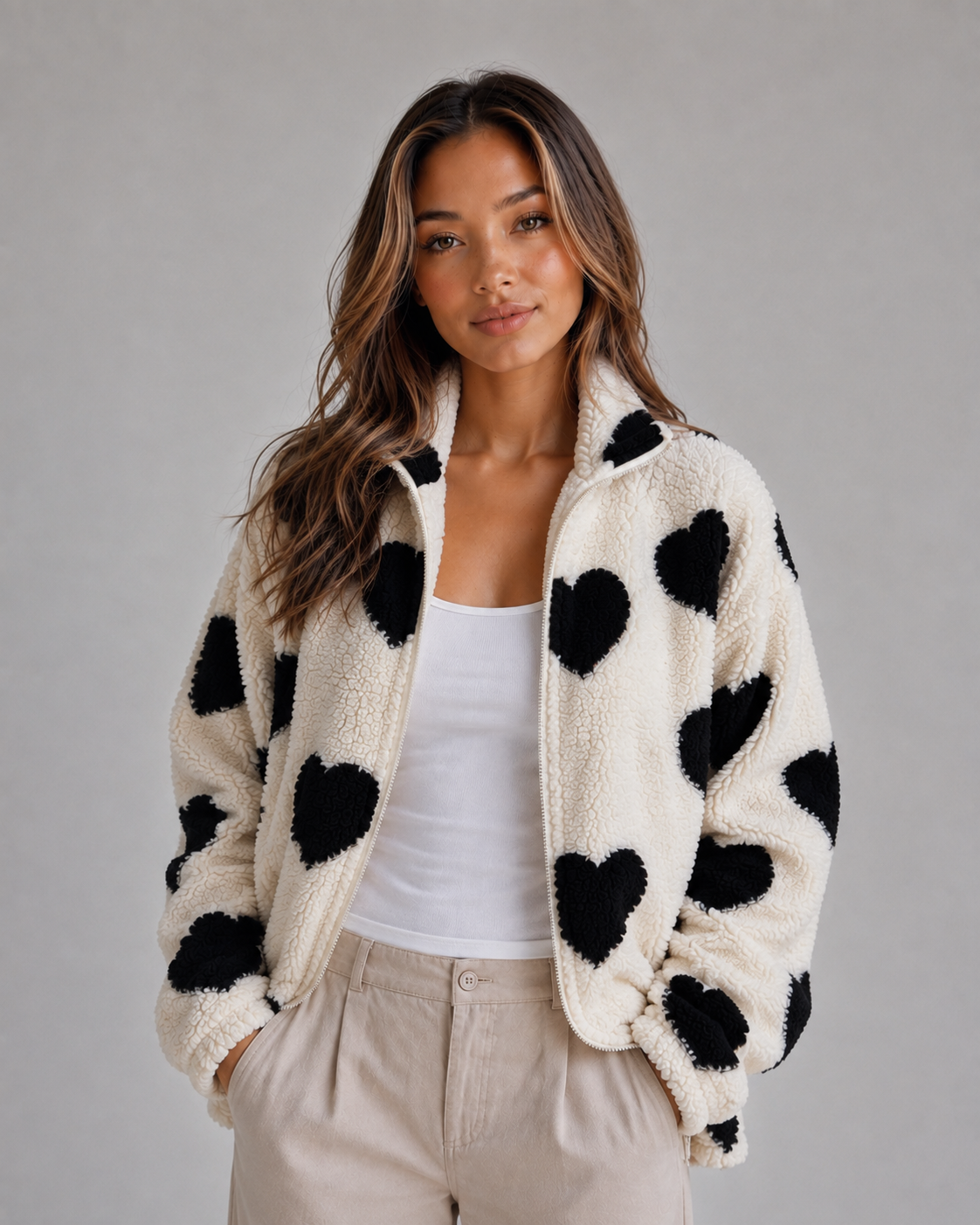 Leandra Heart Print Teddy Fleece Zip Jacket - Black