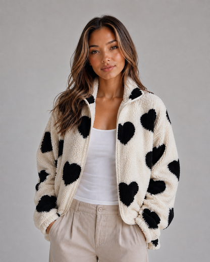 Leandra Heart Print Teddy Fleece Zip Jacket - Black