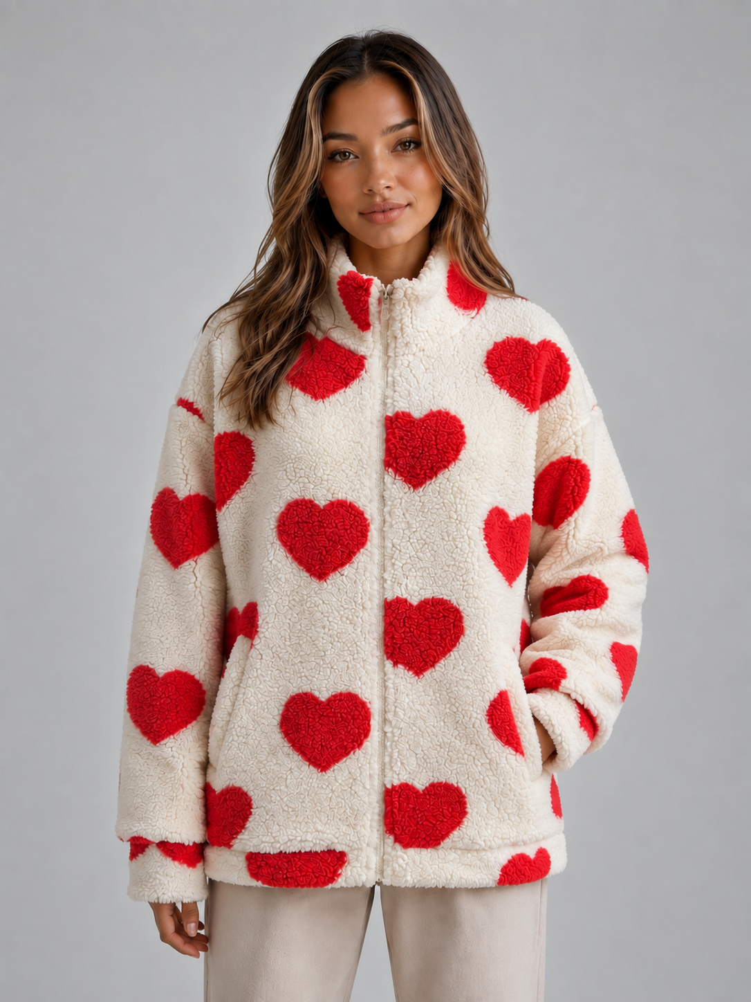 Leandra Heart Print Teddy Fleece Zip Jacket - Red