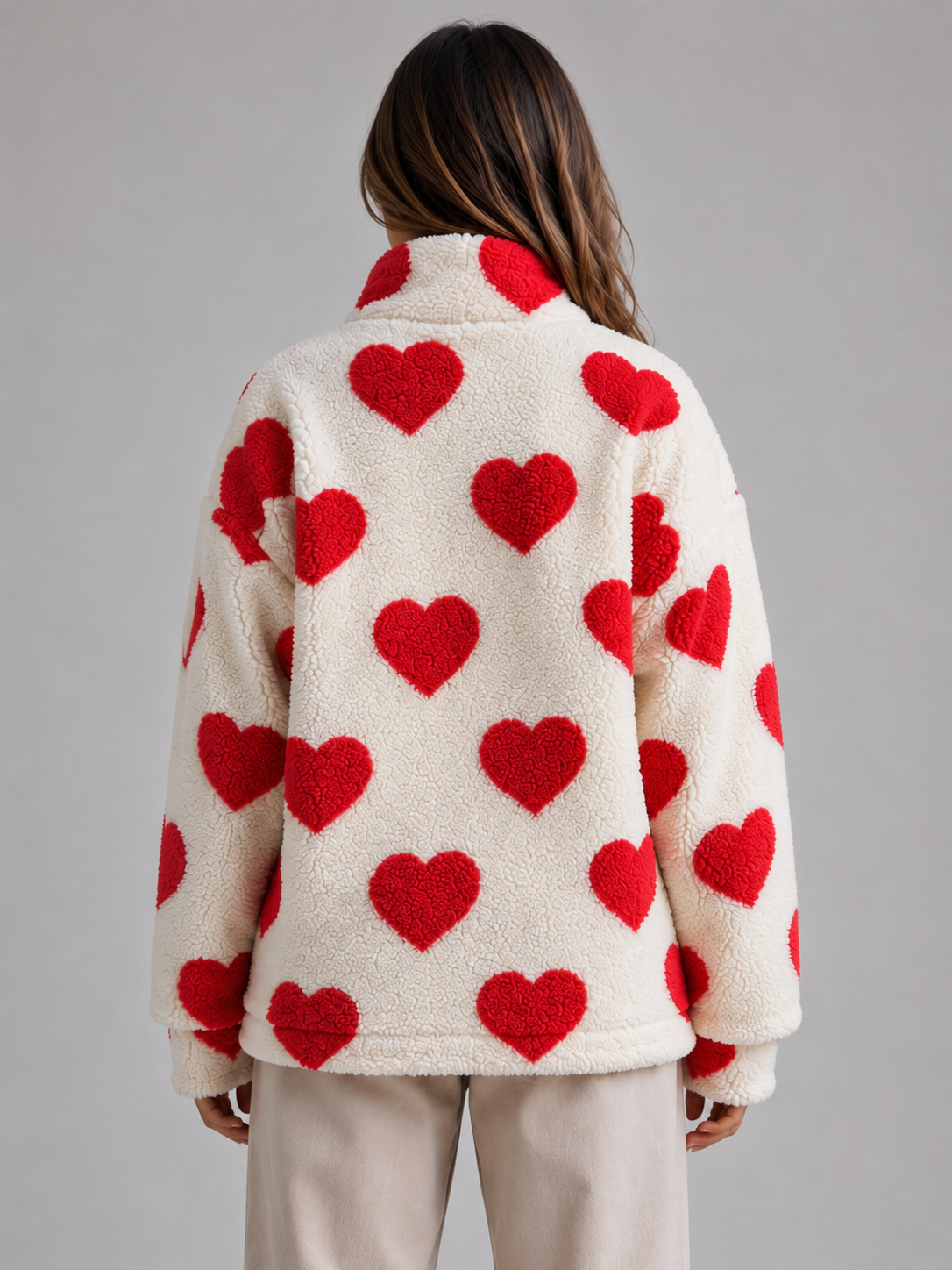 Leandra Heart Print Teddy Fleece Zip Jacket - Red