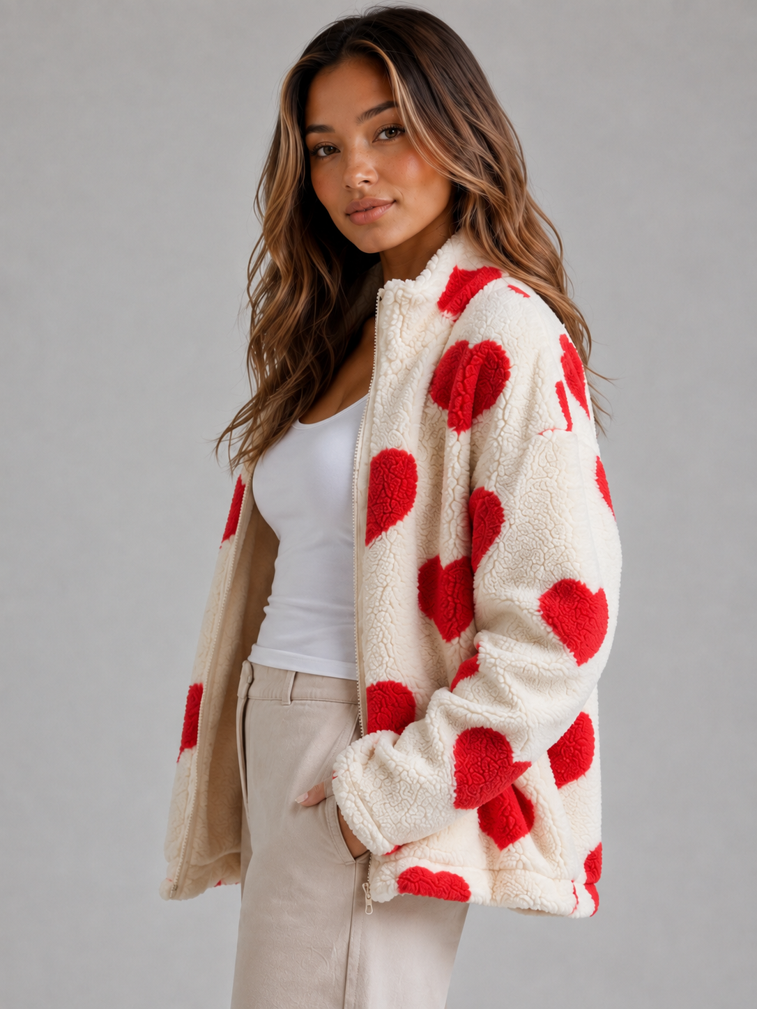 Leandra Heart Print Teddy Fleece Zip Jacket - Red