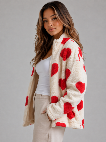Leandra Heart Print Teddy Fleece Zip Jacket - Red
