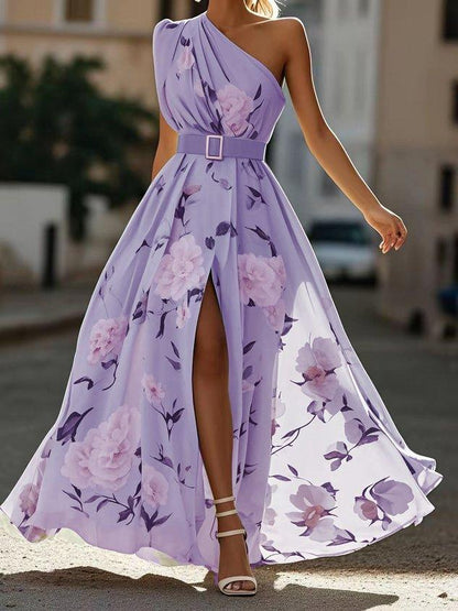 Leda One Shoulder Floral Maxi Dress - Lavender Floral