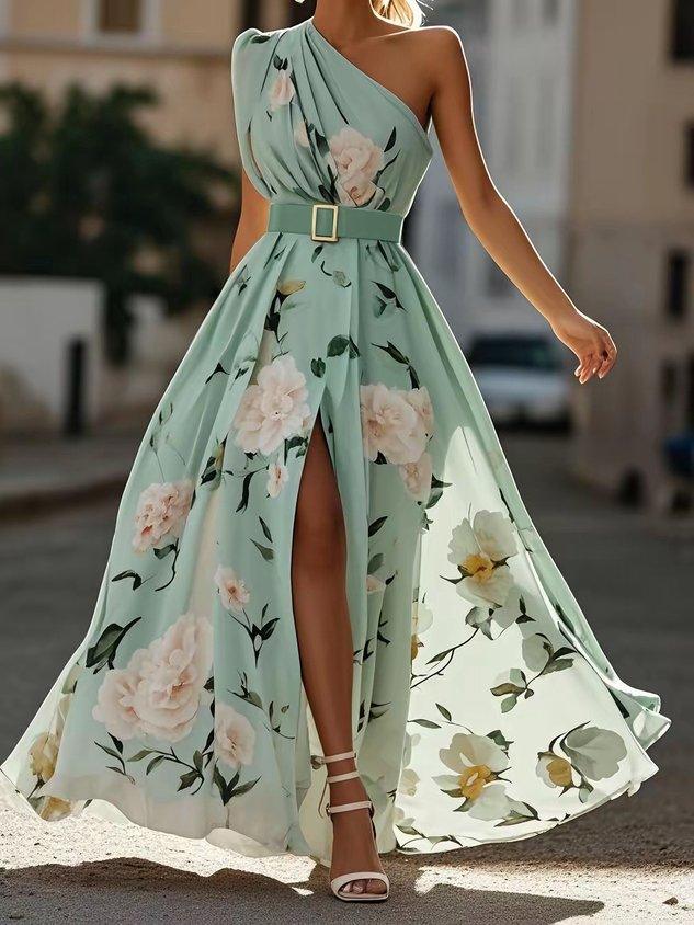 Leda One Shoulder Floral Maxi Dress - Mint Floral