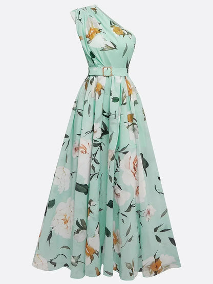 Leda One Shoulder Floral Maxi Dress - Mint Floral