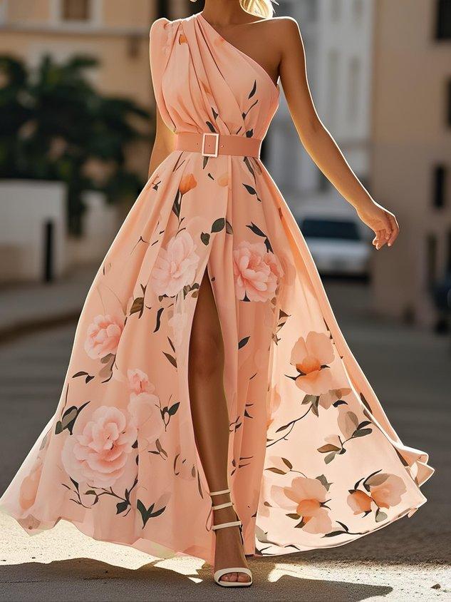 Leda One Shoulder Floral Maxi Dress - Peach Floral