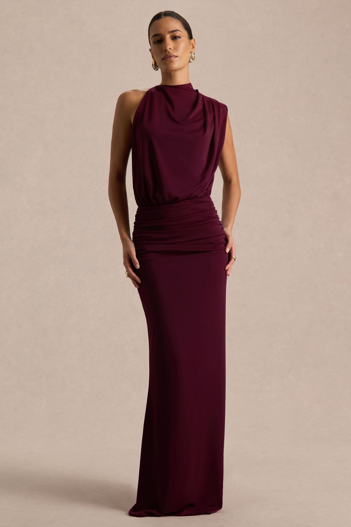 Lenora Draped High Neck Maxi Dress - Burgundy