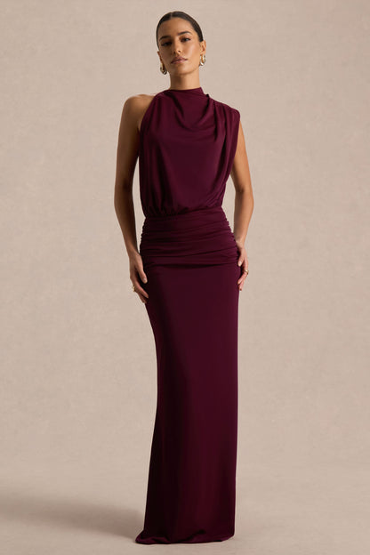 Lenora Draped High Neck Maxi Dress - Burgundy