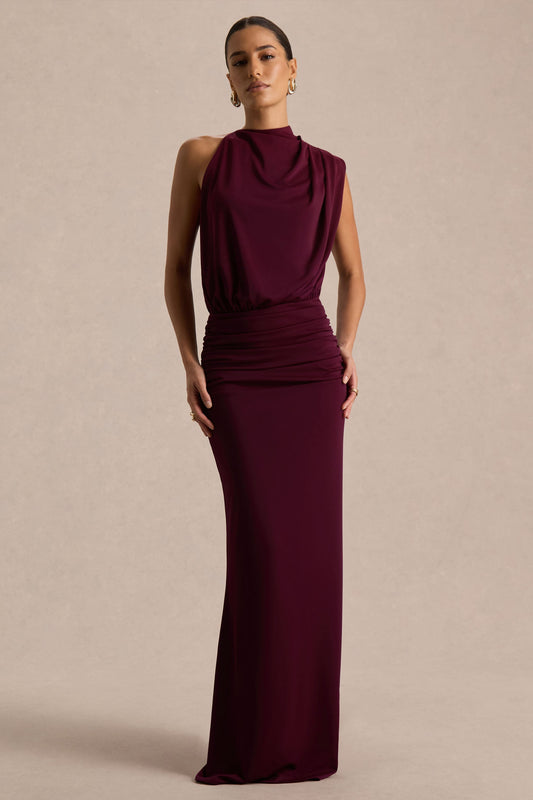 Lenora Draped High Neck Maxi Dress - Burgundy