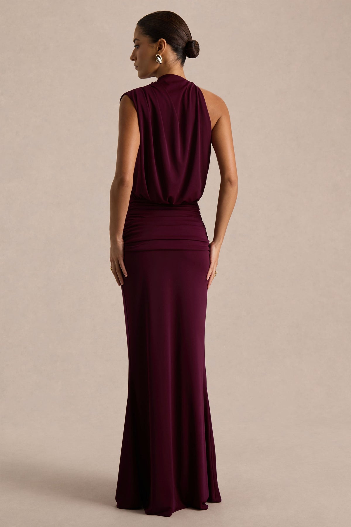 Lenora Draped High Neck Maxi Dress - Burgundy