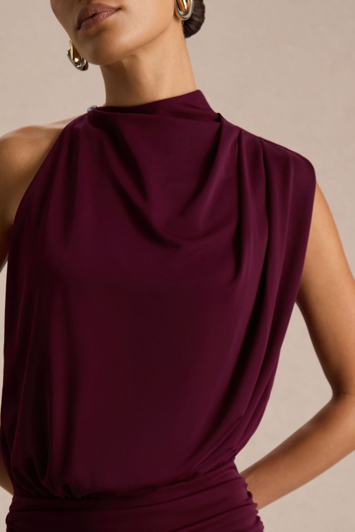 Lenora Draped High Neck Maxi Dress - Burgundy