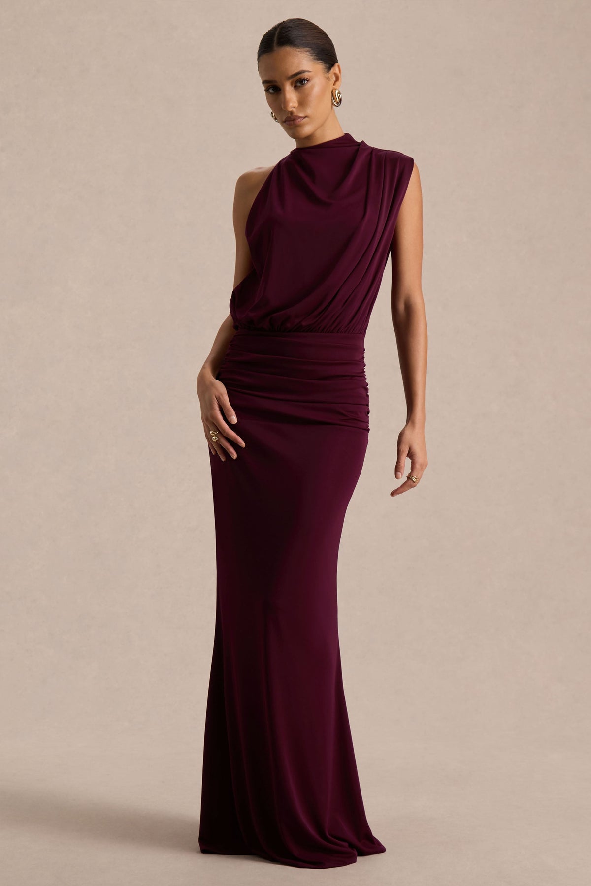 Lenora Draped High Neck Maxi Dress - Burgundy