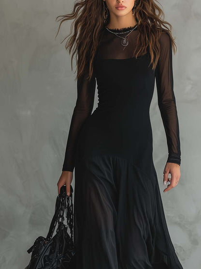 Lenore Sheer Sleeve Tulle Maxi Dress - Black