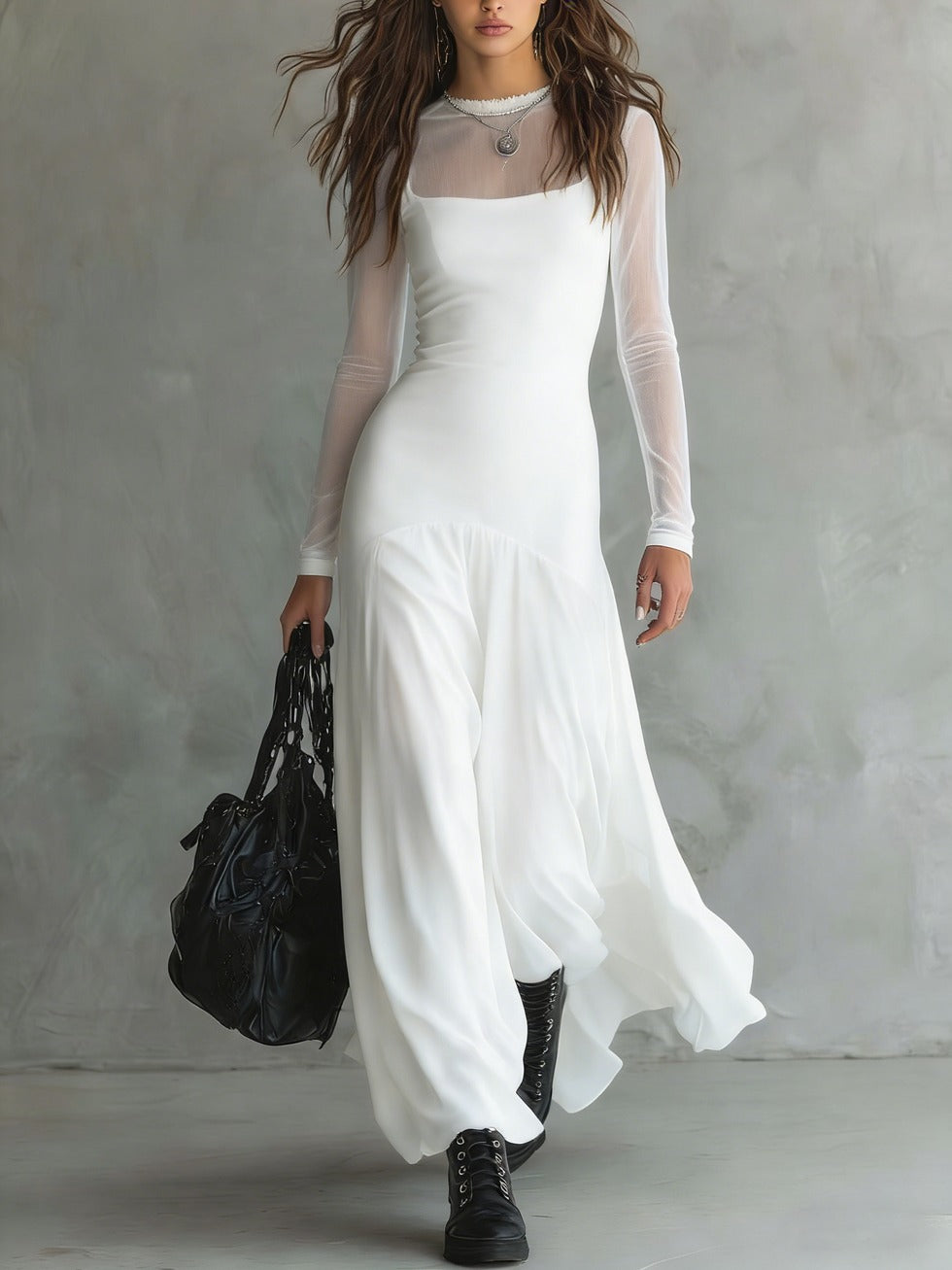 Lenore Sheer Sleeve Tulle Maxi Dress - White