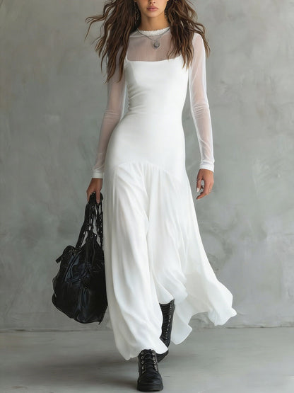 Lenore Sheer Sleeve Tulle Maxi Dress - White