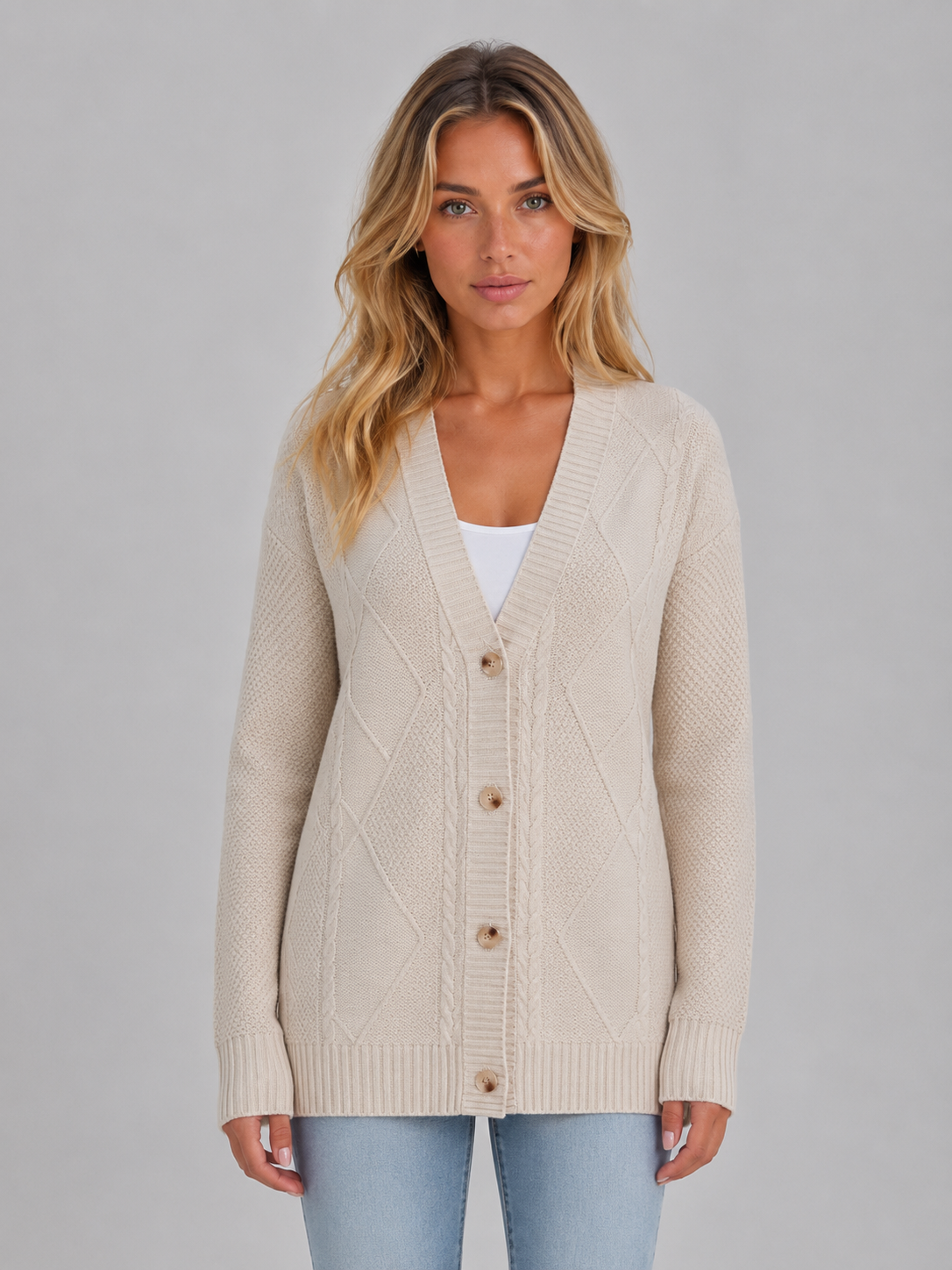 Leora Cable Knit V-Neck Cardigan - Beige
