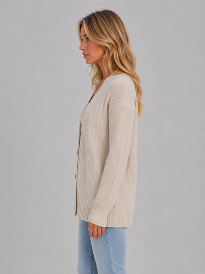 Leora Cable Knit V-Neck Cardigan - Beige