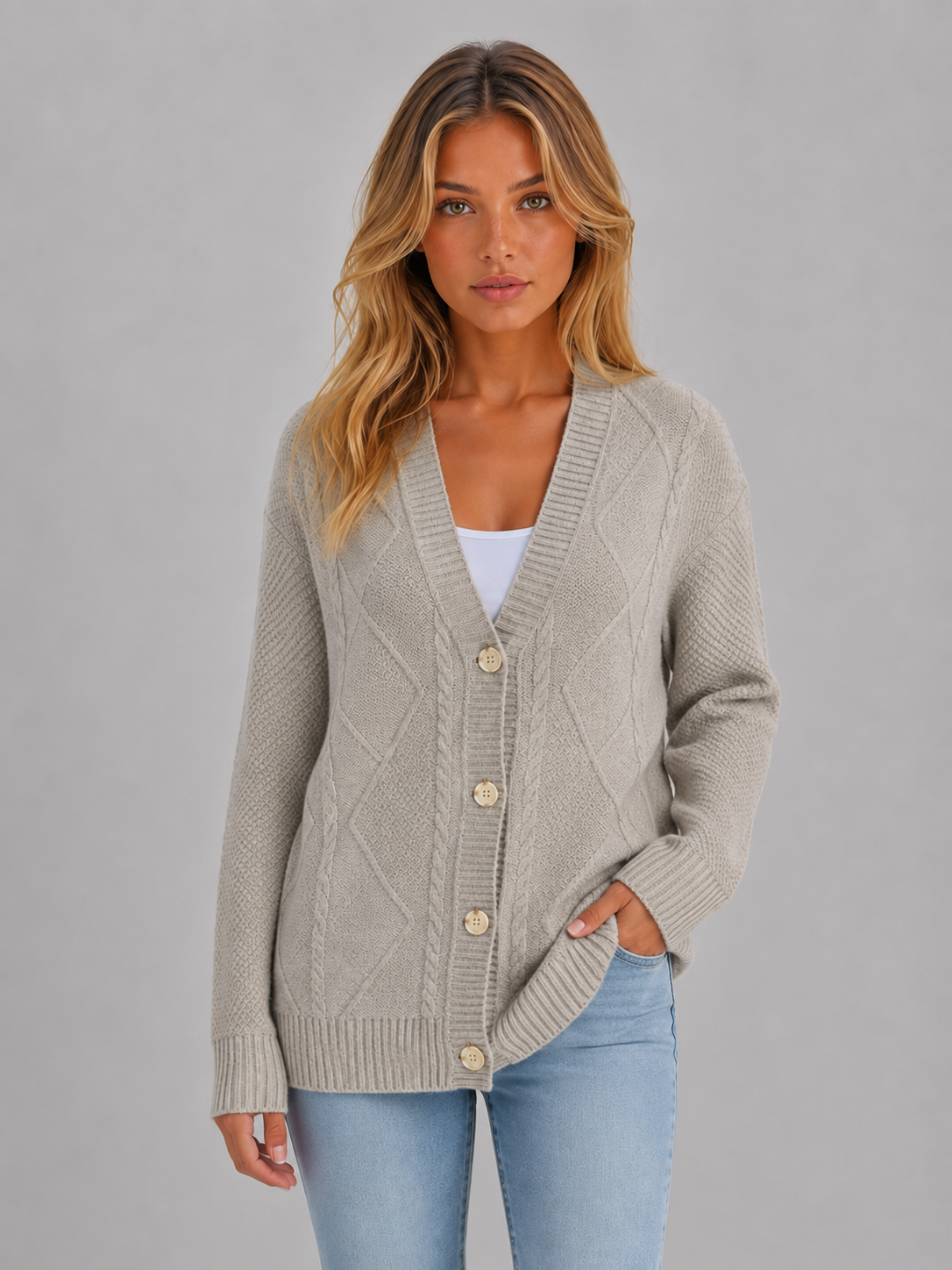 Leora Cable Knit V-Neck Cardigan - Gray