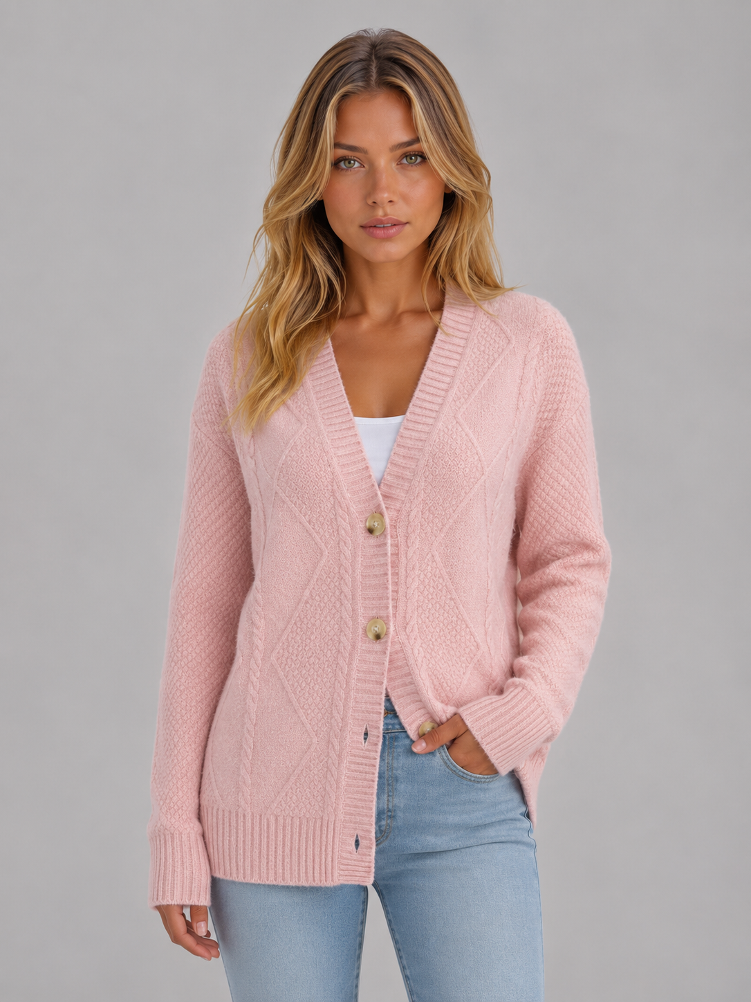 Leora Cable Knit V-Neck Cardigan - Pink