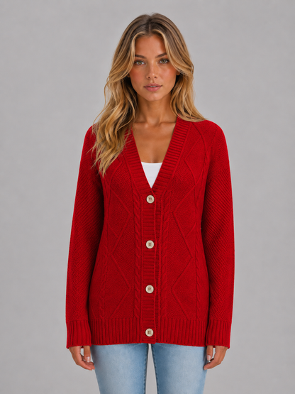 Leora Cable Knit V-Neck Cardigan - Red