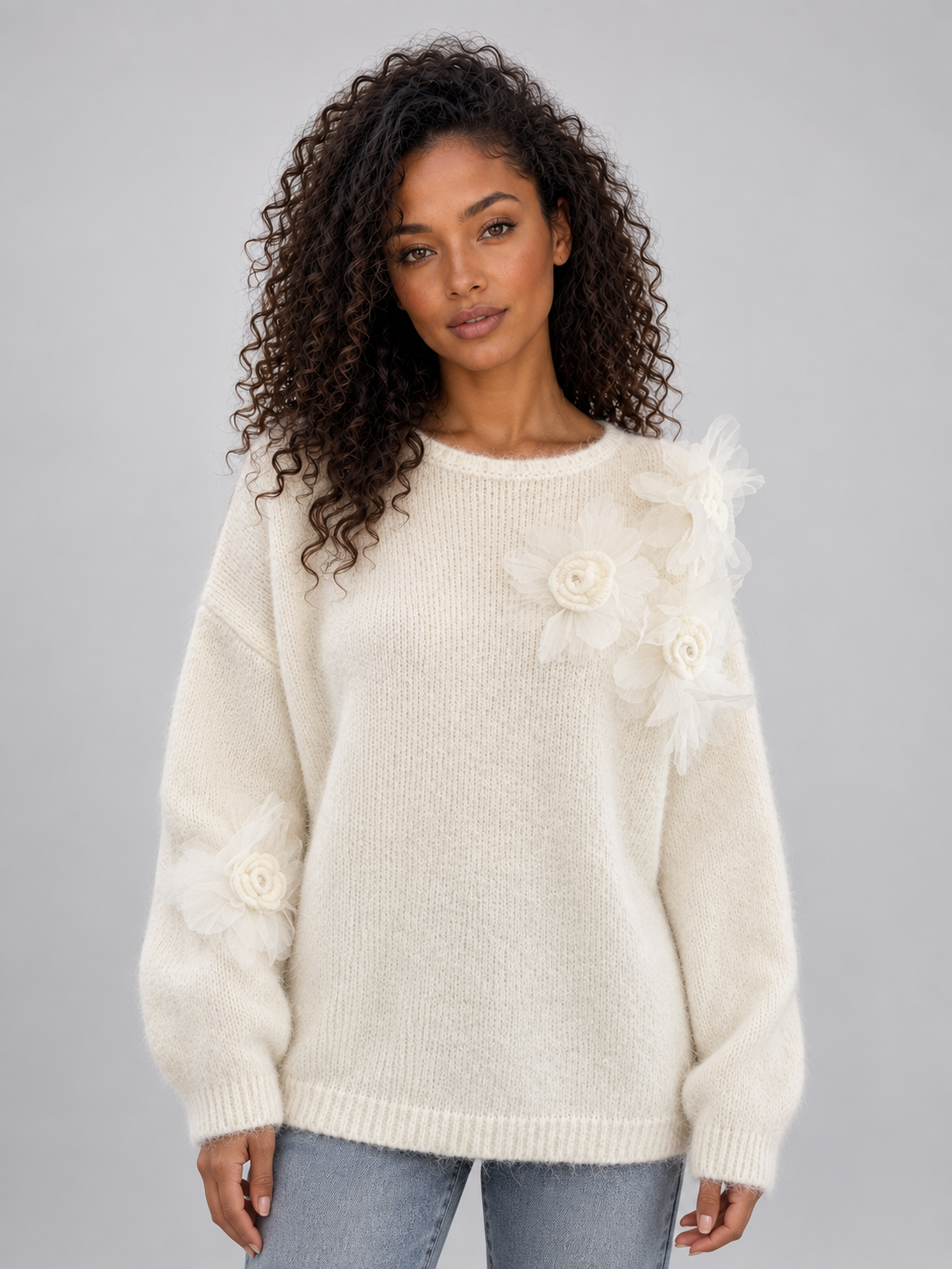 Letty Floral Applique Knit Sweater - Cream