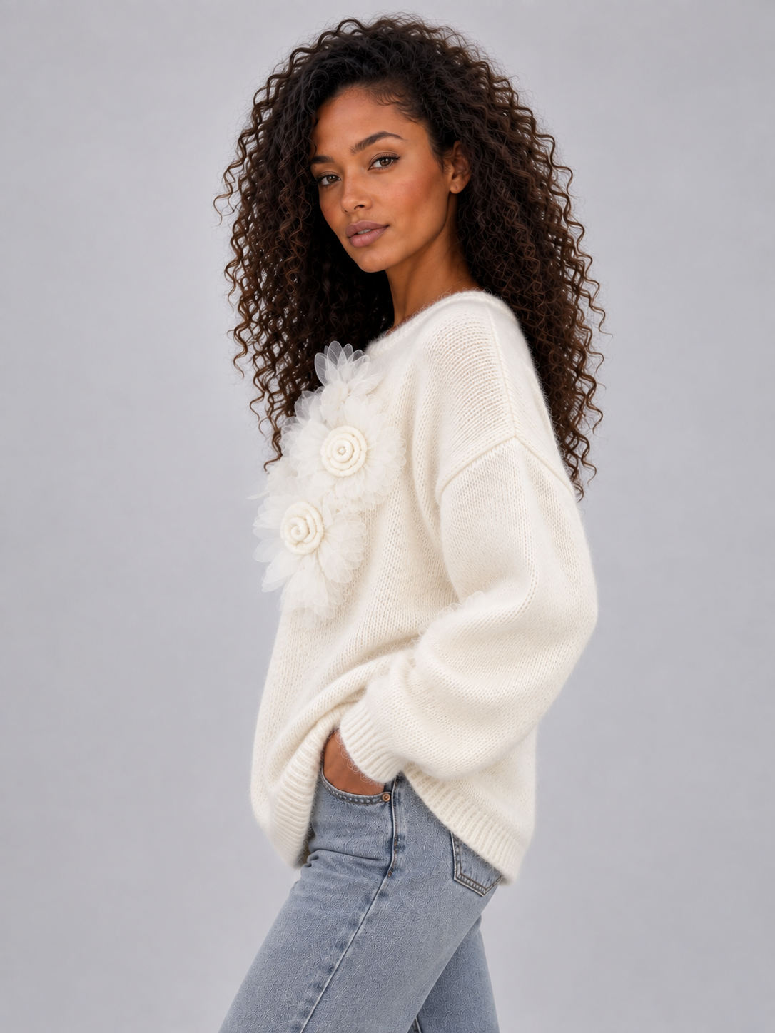 Letty Floral Applique Knit Sweater - Cream
