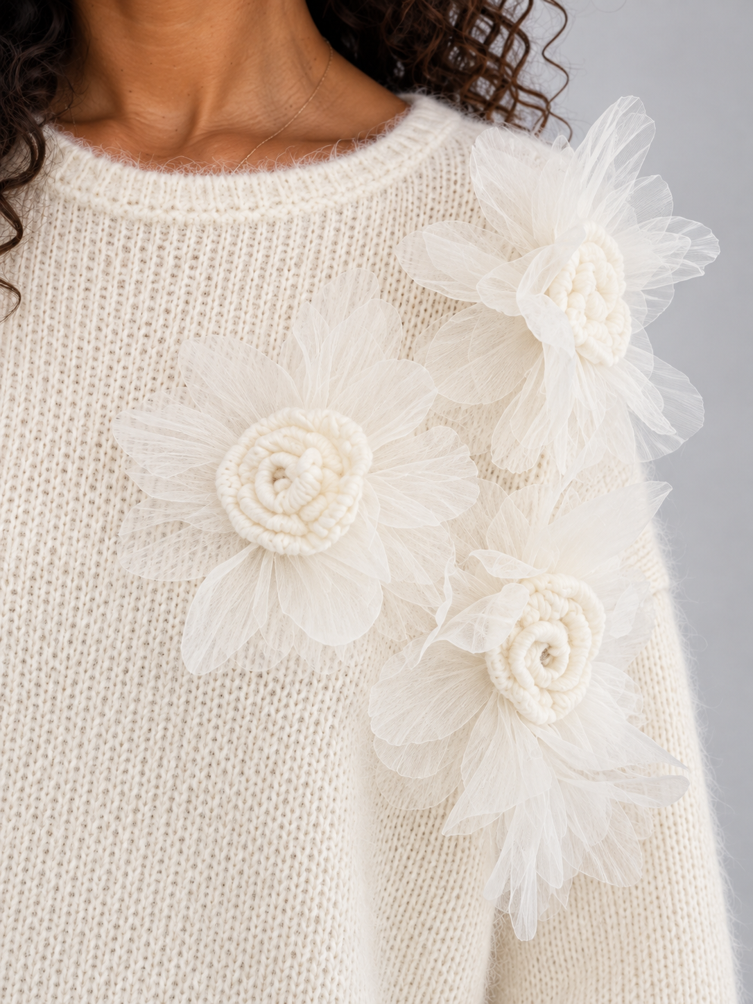 Letty Floral Applique Knit Sweater - Cream