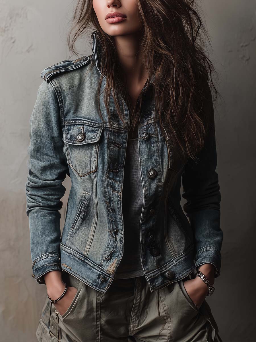 Levana Denim Military Utility Jacket - Blue