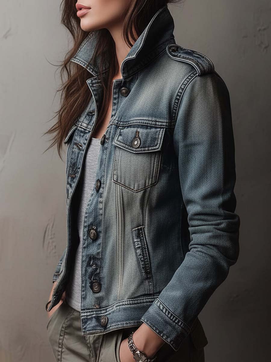 Levana Denim Military Utility Jacket - Blue