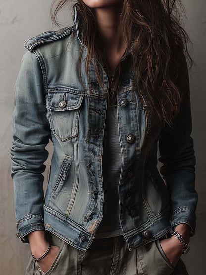 Levana Denim Military Utility Jacket - Blue