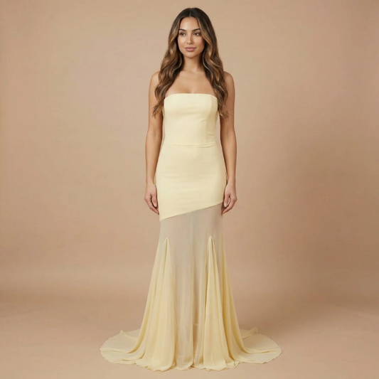 Cream strapless maxi dress with fitted bodice and flowing mesh skirt