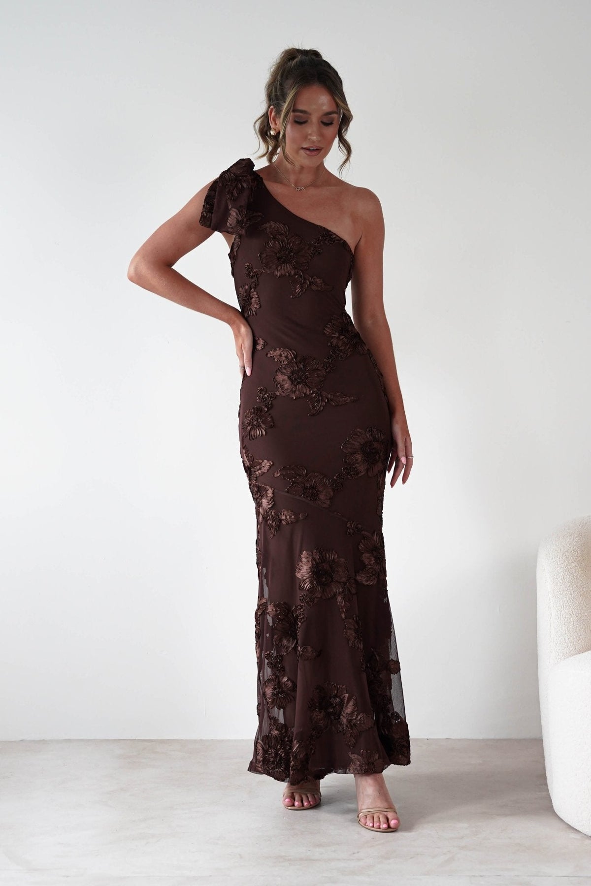 Loredana One Shoulder Floral Maxi Dress - Brown Floral