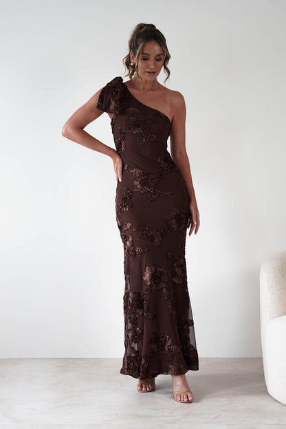 Loredana One Shoulder Floral Maxi Dress - Brown Floral