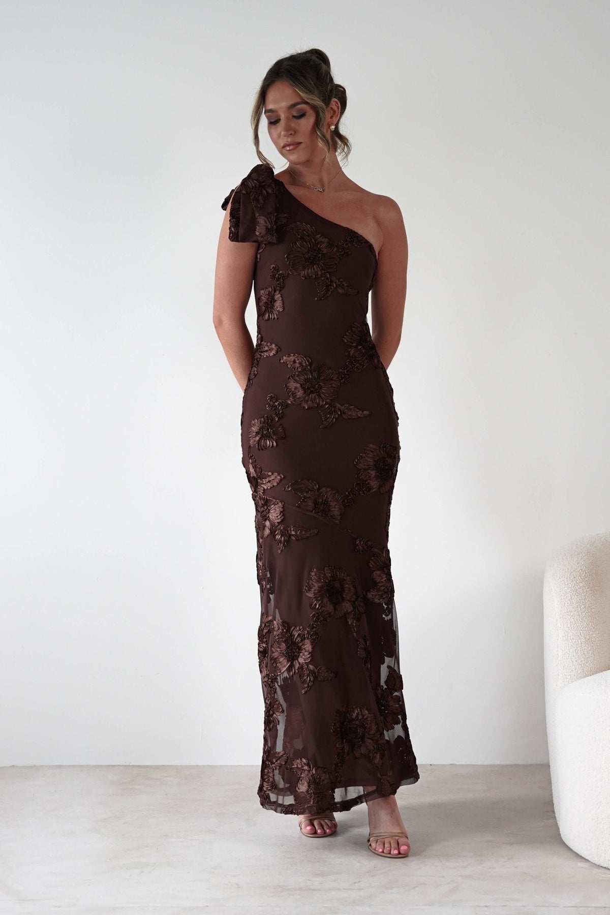 Loredana One Shoulder Floral Maxi Dress - Brown Floral