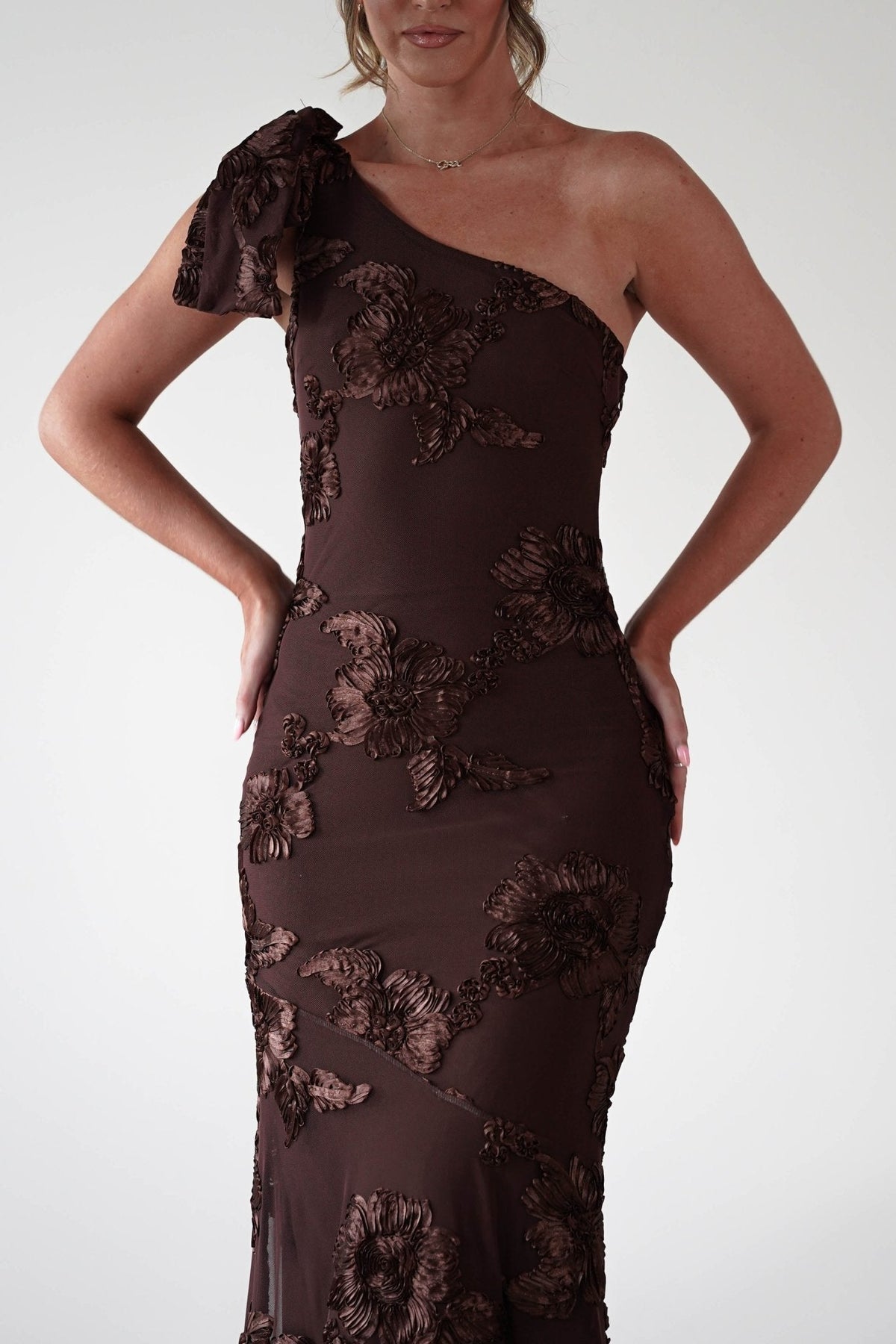 Loredana One Shoulder Floral Maxi Dress - Brown Floral