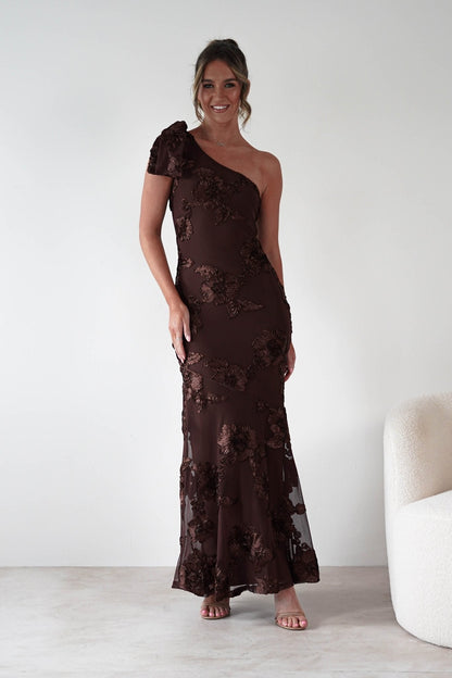 Loredana One Shoulder Floral Maxi Dress - Brown Floral
