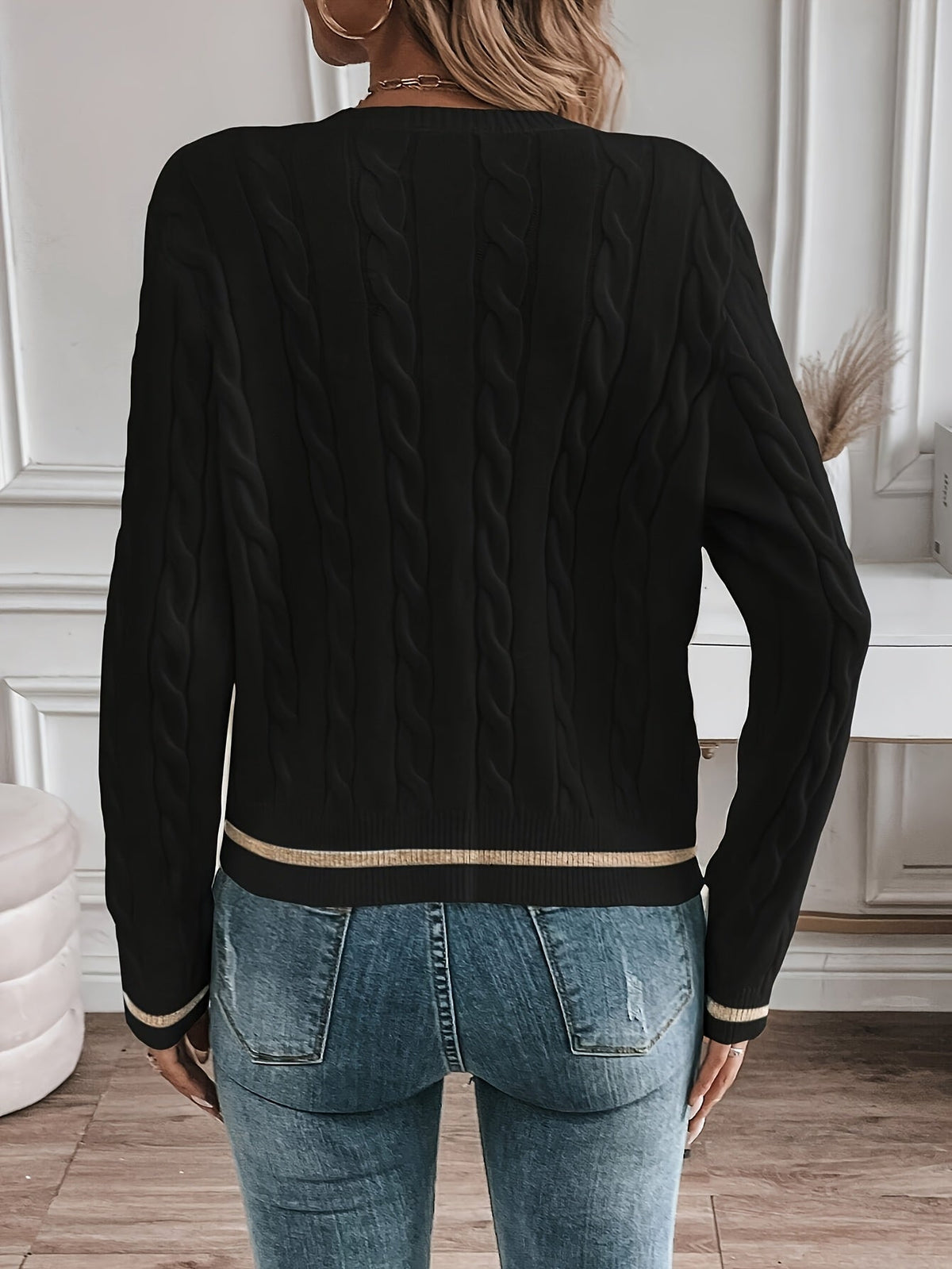 Lorelle Contrast Trim Cable Knit Cardigan - Black