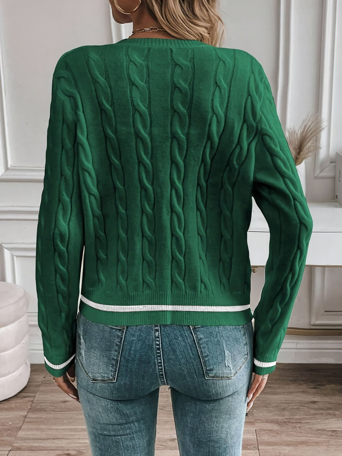 Lorelle Contrast Trim Cable Knit Cardigan - Green