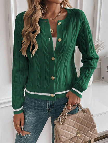 Lorelle Contrast Trim Cable Knit Cardigan - Green
