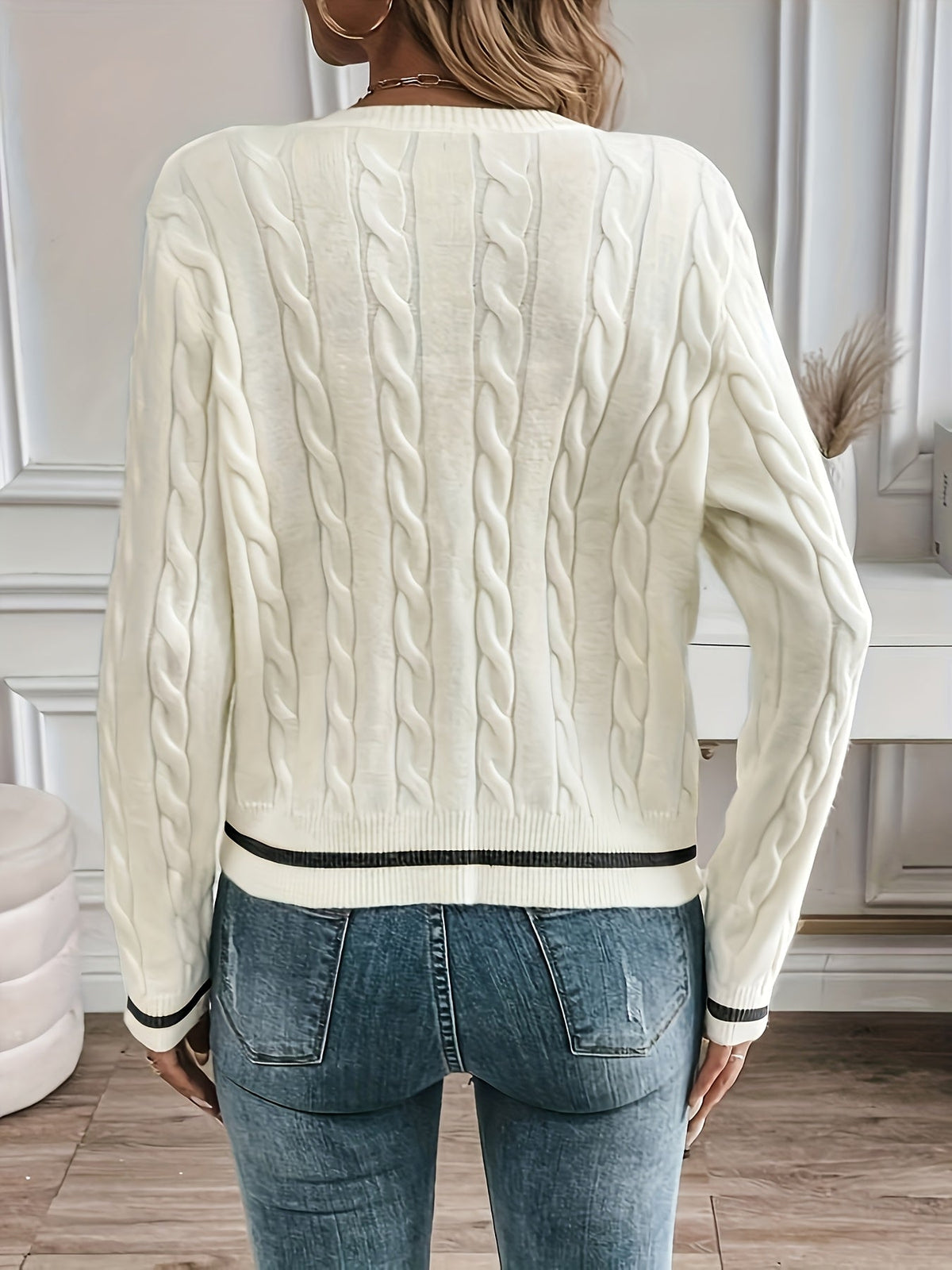 Lorelle Contrast Trim Cable Knit Cardigan - Ivory