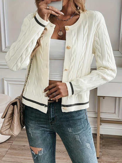 Lorelle Contrast Trim Cable Knit Cardigan - Ivory