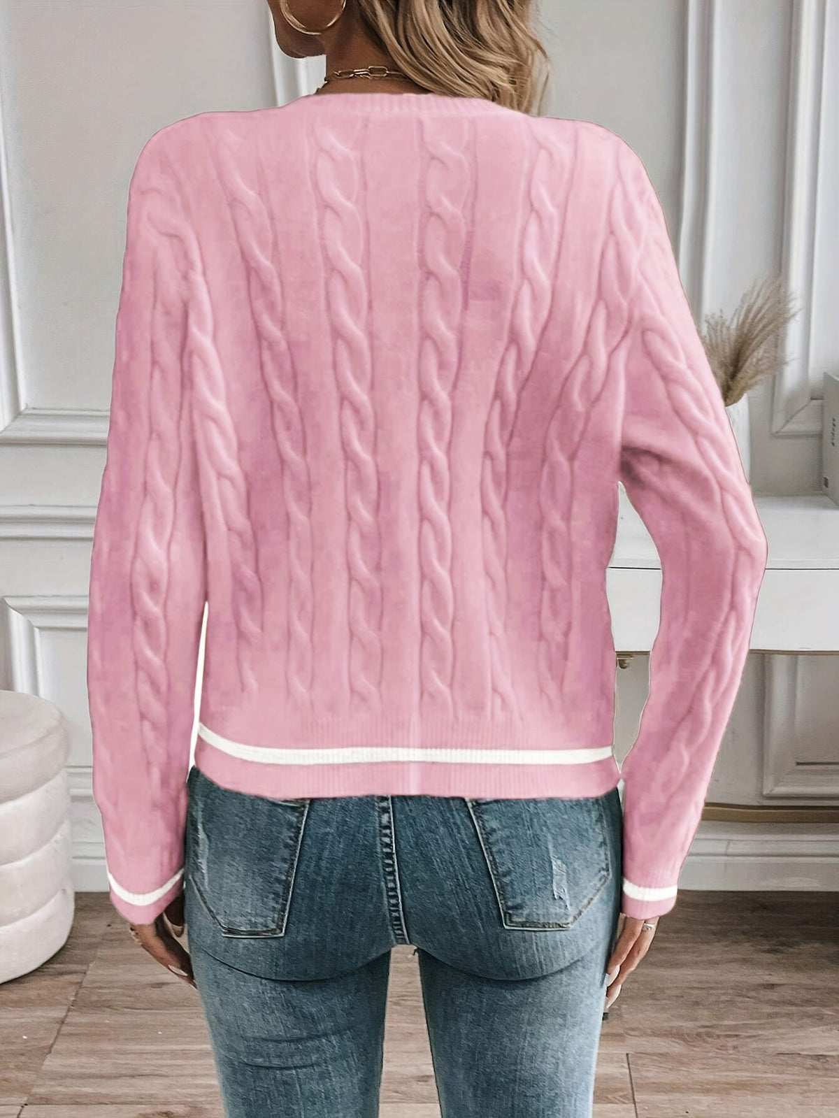 Lorelle Contrast Trim Cable Knit Cardigan - Pink
