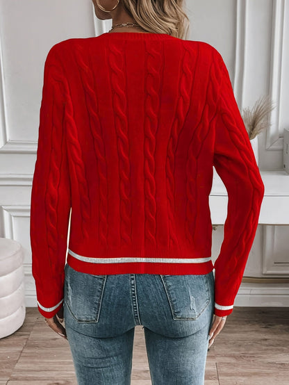Lorelle Contrast Trim Cable Knit Cardigan - Red