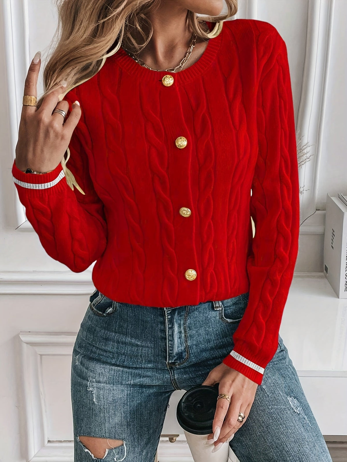 Lorelle Contrast Trim Cable Knit Cardigan - Red