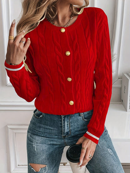 Lorelle Contrast Trim Cable Knit Cardigan - Red